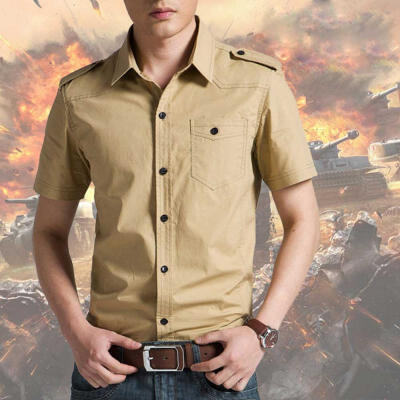 

Safari Style Mens Military Stylish Button Front Slim Fit Short Sleeve Cotton Shirt