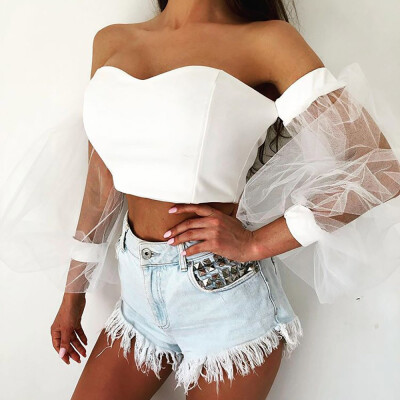 

Women See-through Sheer Mesh Off Shoulder Blouse Puff Long Sleeve T-shirt Top