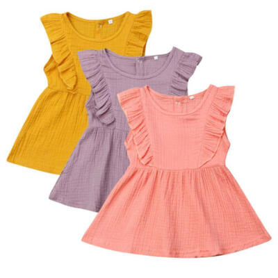 

US STOCK Toddler Kids Baby Girl Solid Color Ruffle Princess Party Dress Sundress