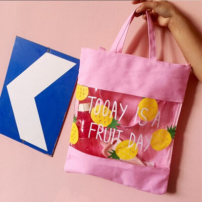

Women Fashion Transparent Fresh Party Tote Bags Canvas Patchwork Large Capacity Shoulder Bag Summer Style Reusable Shopping Bag