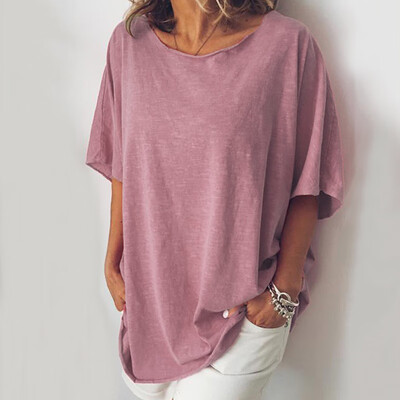 

Womens Summer Tops Solid Color Round Neck Casual Short Sleeve Loose T-Shirts