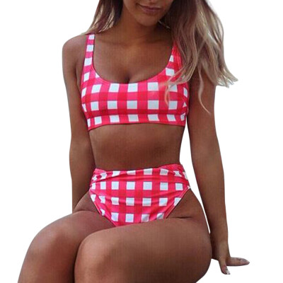 

Saidsome Women Bikini Set Plaid Swimwear Push-Up Padded Bandage Bra Red Swimsuit