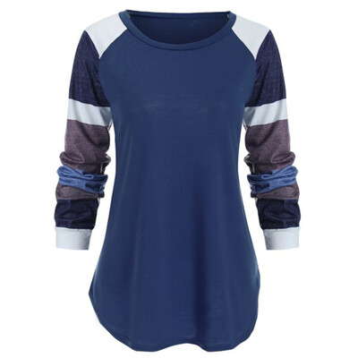 

Nomeni Womens Long Sleeve Round Neck Striped Top Patchwork Tunic Blouse Shirt