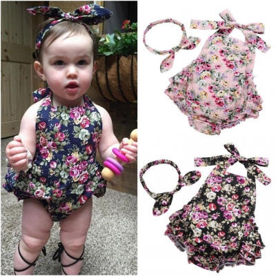 

Summer Baby Girls Floral Ruffle Romper Jumpsuit Sunsuit Headband Outfits Clothes