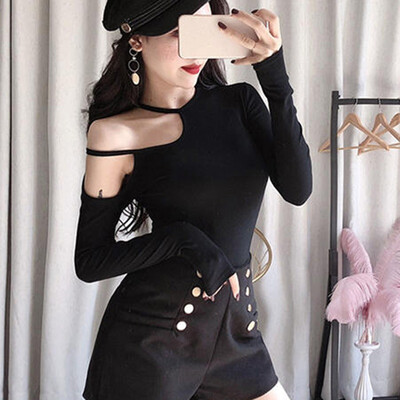 

WJ Camisas Mujer Streetwear T Shirt Women Casual T-shirt Cold Shoulder Tops Modis T-shirt Tops Sexy Long Sleeve Shirt Women
