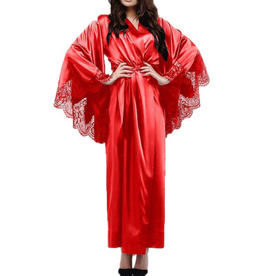 

Toponeto Women Sexy Lace Satin Kimono Long Robe Bathrobe Lingerie Sleepwear Belt Pajamas
