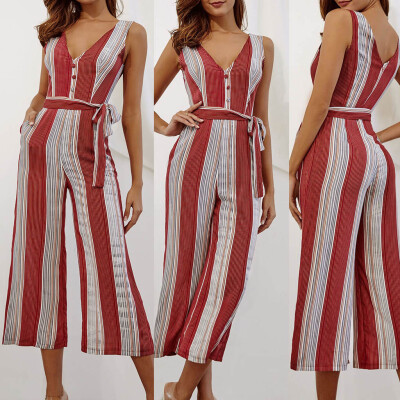 

Starmoon Women Stripe Printing Off Shoulder Sleeve Rompers Jumpsuit Playsuit