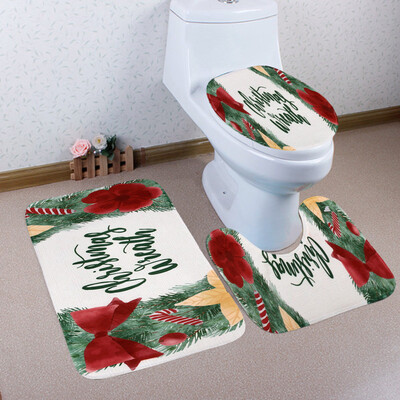 

Gobestart 3PCS Christmas Bathroom Non-Slip Pedestal Rug Lid Toilet Cover Bath Mat Set