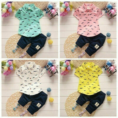 

Toddler Kids Boy Shirts Set Gentlemen Style Beard Printed Short Sleeve Tops Elastic Waist Pants Children Outfits 2Pcs