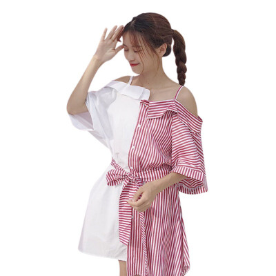 

Women Asymmetrical Color Matching Stripes Lapel Lace Tie Casual Sweet Shirt Tops