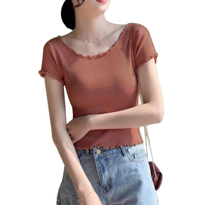 

Womens Fashion Ruffles O Neck Solid Short Sleeve Knitted Crop Top