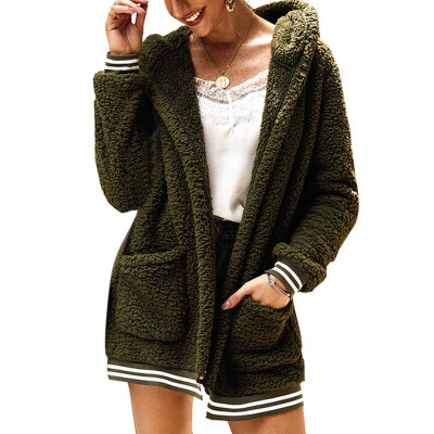 

Women Plush Hooded Cardigan Long Loose Warm Sweater Coat Solid Color Long-sleeved Outwear Tops