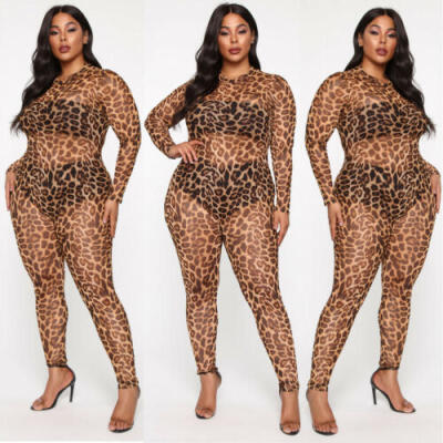 

US Women Mesh Leopard Jumpsuit Bodysuit Playsuit Clubwear Bodycon Long Trousers