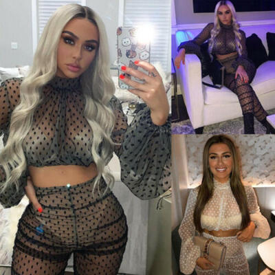 

2PCS Sexy Women Sheer Long Sleeves Bodycon Club Mesh Casual Jumpsuit Playsuit US