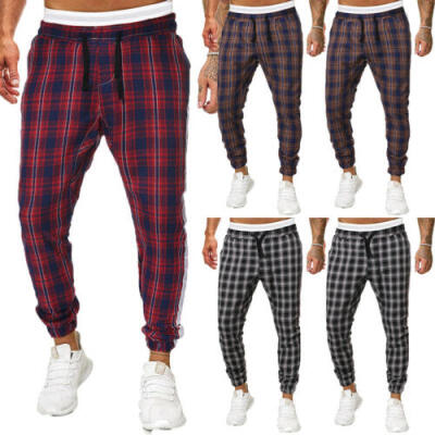 

Mens Checkered Track Pants Premium Plaid Stretch Skinny Fit Casual Trousers Pant