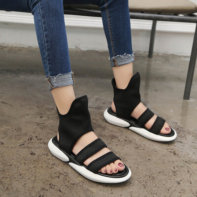 

Korean version fish-billed shoes open-toed sandals women summer flat-soled knitted elastic Roman thick-soled sandals