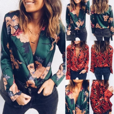 

New Womens Sexy Deep V-Neck Long Sleeve Tops Loose Blouse Casual T-Shirt Bodysuit