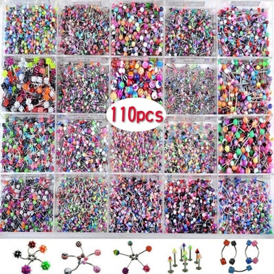 

110 PCS Body Jewelry Piercing Eyebrow Navel Belly Tongue Lip Bar Ring Random Color