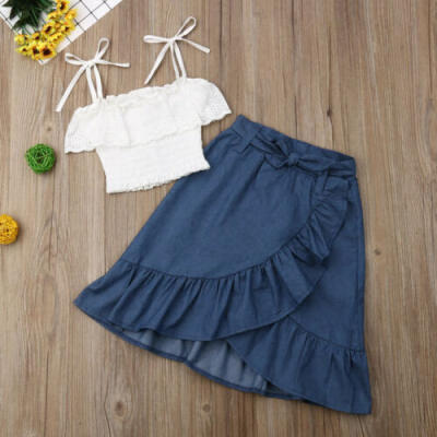 

Kids Baby Girls Princess Sling Lace Off Shoulder TopRuffle Denim Skirt Outfits