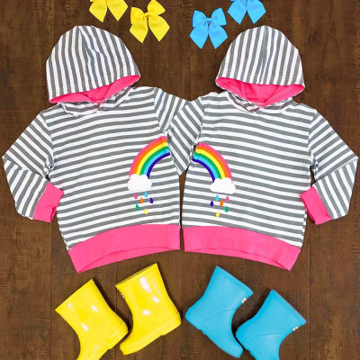 

Children Baby Girls Sister Hooded Striped Rainbow Print Pullover Sweater Clothes