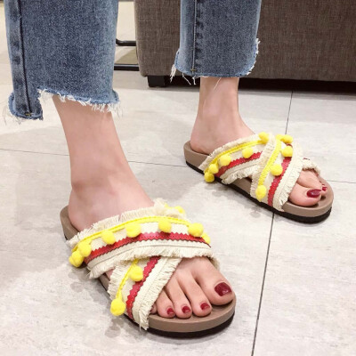 

Rose Bohemian Ethnic Style Flat Shoes Female Sandals Rhinestone Sandals Beach Slipper