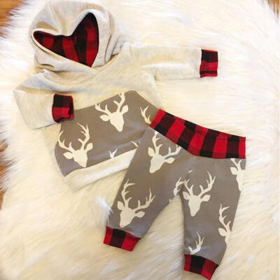 

High Quality Newborn Infant Baby 2PCs Antlers Pattern Clothes Boys Girls Pullover Hoodie TopsPants Outfits Set 0-24M