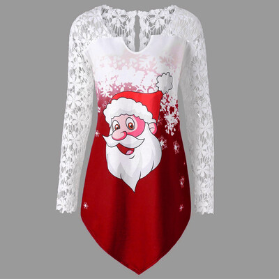 

Gobestart Fashion Women Merry Christmas Lace Panel Santa Claus Print T-shirt Tops Blouse