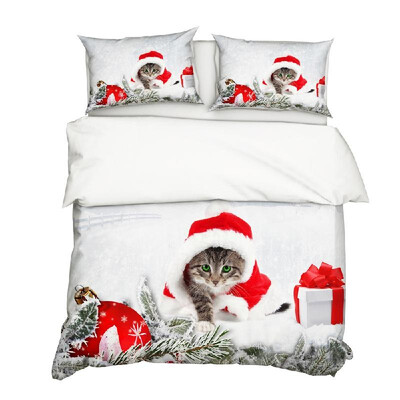 

3PcsSet Christmas Style 3D Cat Printed Pattern Duvet Cover with 2Pcs Pillowcases Bedding Set Bedclothes Bedroom Decor