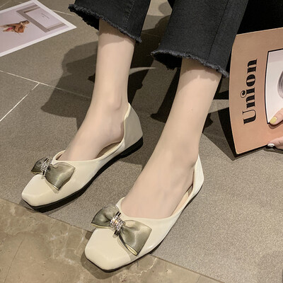 

Flat soled single shoe fairy dress shoes with butterfly knot square head&shallow beans shoe