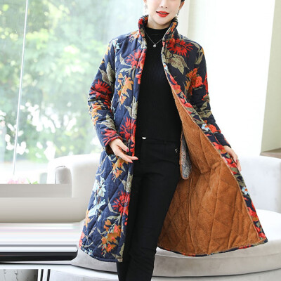 

Tailored Fashion Women Round Collar Warm Retro Printing Top Long Sleeve Blouse Loose Coat