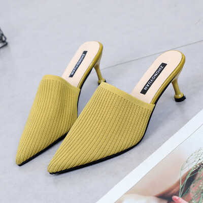 

Sandals&slippers women wear 2019 summer knitted bag head half slippers with pointed thin heels&lazy high heels