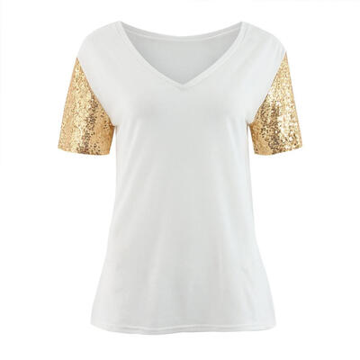 

Women Sequin Stitching T Shirt Short Sleeve Sexy V Neck Summer Casual Tops