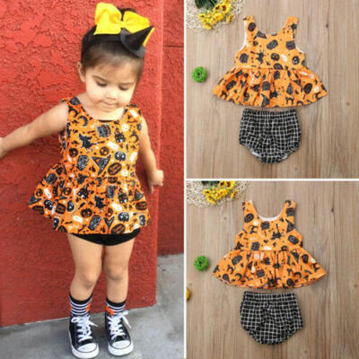 

US Halloween Newborn Baby Girl Clothes Cartoon Pumpkin Vest TopsPlaid Shorts