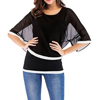 

Starmoon Women Summer O-Neck Bell Sleeve Solid Chiffon Tunic Tops Blouse T Shirt