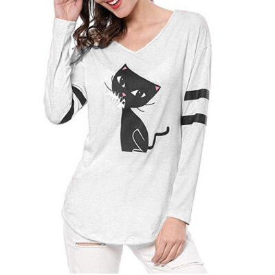 

Starmoon Fashion Women Casual Cat Splice Loose Long Sleeve V-Neck T-shirt Tops