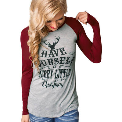 

Christmas Round Collar Long Sleeve Women Blouse Letter Print Splicing Tops