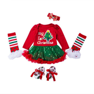 

US My 1st Christmas Newborn Baby Girls Santa Dress Shoes Legging Warmers Outfits