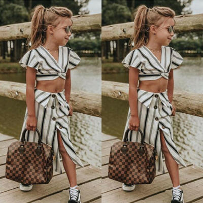 

UK Kids Baby Girls Sleeveless Crop TopsA-line Skirt Striped Clothes Outfit Set