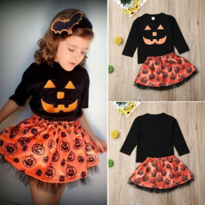 

UK Kid Baby Girl Halloween Pumpkin Clothes Long Sleeve Cotton TopsSkirt Outfit