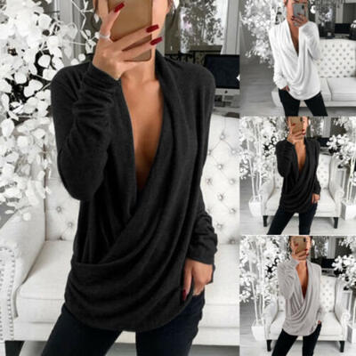 

Womens Ladies Casual Loose Long Sleeve Pleated Wrap Top Shirt Tunic Solid Blouse