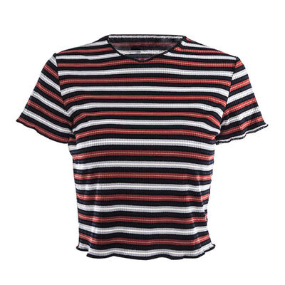 

Women Summer Multi Stripe Blocked Stretch T-shirt Crop Basic Tshirt Casual Short Sleeve Ribbed T Shirt