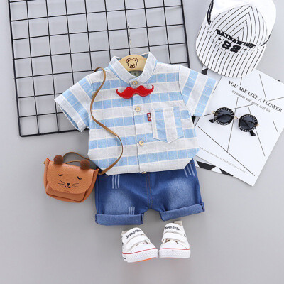 

2PcsSet Summer Baby Boys Cotton Short Sleeve Plaid Print Tops Blouse T-shirtDenim Shorts Casual Outfits Sets