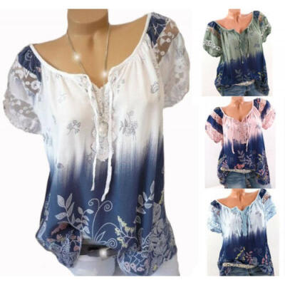 

Plus Size Women Boho Floral Short Sleeve Blouse Baggy Tops Ladies V Neck T Shirt