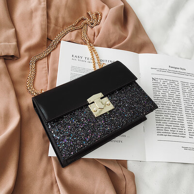 

Bag female 2019 new Korean fashion gas sequins lock buckle wild texture chain shoulder slung small square bag