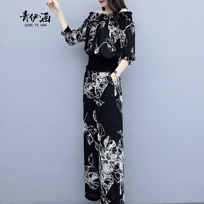 

Fashion casual word shoulder chiffon pendant wide leg pants suit