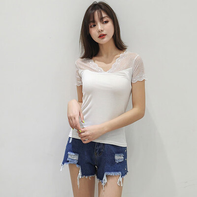 

Women Casual Lace Stitching Simple Slim V-neck Short-Sleeved Bottoming Shirt Wild T-Shirt
