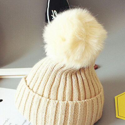 

New Women Kids Baby Mom Warm Winter Knit Beanie Fur Pom Pom Hat Crochet Ski Cap