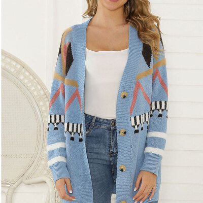 

Tailored Women Casual Patchwork Button Long Sleeve Knitted Sweater Loose Cardigan