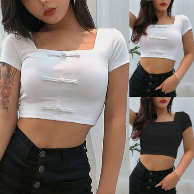 

Women Summer Plain Square Neck Basic Short Sleeve Ladies Slim Crop Top T-Shirt