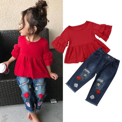 

Toddler Kid Baby Girls T-shirt TopsDenim Jeans Pants Hole Outfits Set Clothes
